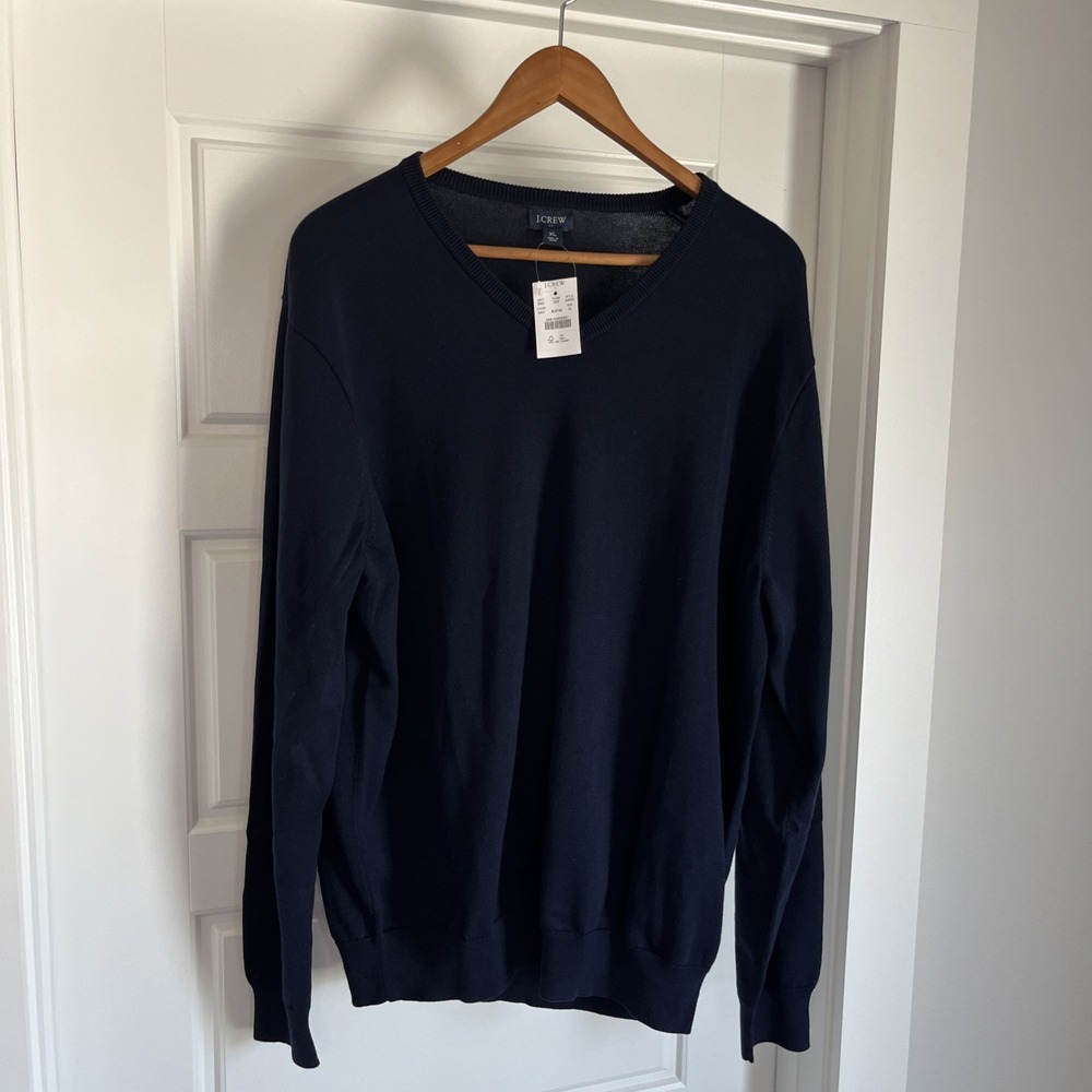 J.Crew Sweater Men  XLNavy Blue Knit Long Sleeve V-Neck Pullover 100% Cotton New
